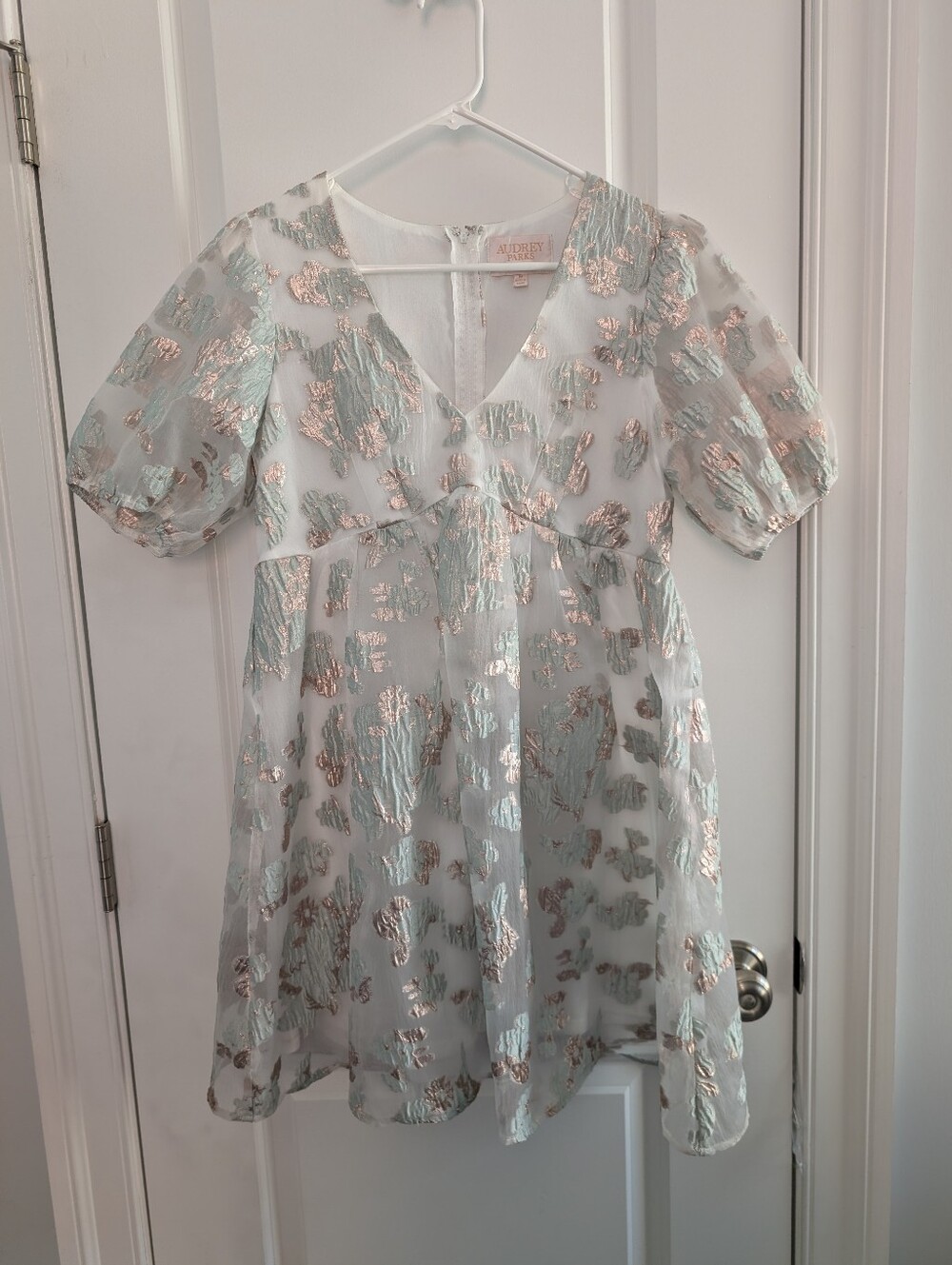 Francesca's Audrey Parks Puff Sleeve Floral Jacquard Babydoll Dress